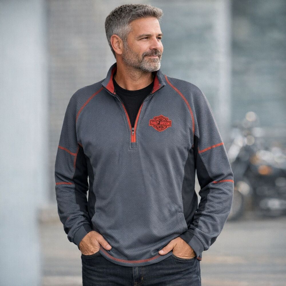 Harley Davidson HD Tech 1/4 Zip Pullover Mens Sz M Grey Embroidered Logo Pockets